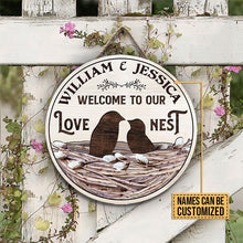 Load image into Gallery viewer, Funny Custom Name Round Wooden Sign Decor Bird Couple Our Love Nest