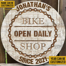 Load image into Gallery viewer, Custom Name And Number Round Wooden Sign Decor Cycling Bike Shop Open Daily