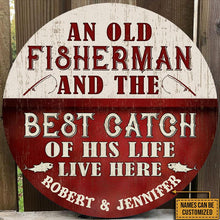 Load image into Gallery viewer, Maroon And White Custom Name Round Wooden Sign Decor Fishing Old Couple Best Catch Live Here