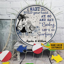 Load image into Gallery viewer, A Couple Custom Name Round Wooden Sign Decor Surfing Let's Go Surfing