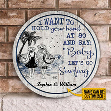 Load image into Gallery viewer, A Couple Custom Name Round Wooden Sign Decor Surfing Let's Go Surfing