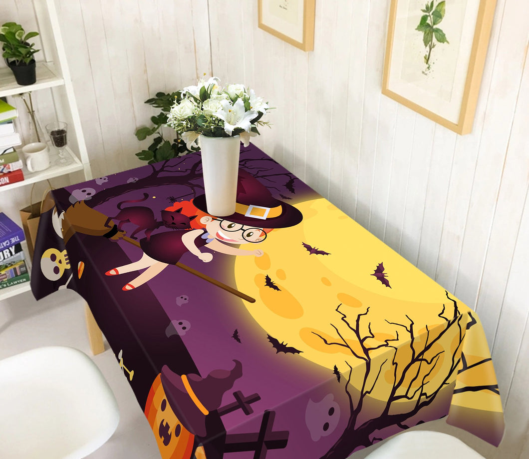 3D Cute Witch Bat Cat Design Tablecloth