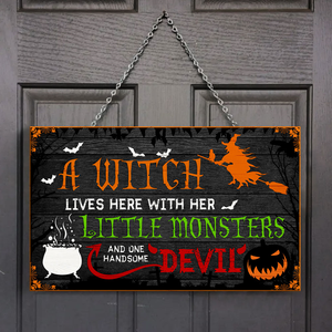 A Witch Lives Here Rectangle Wooden Sign Decor