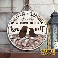 Load image into Gallery viewer, Funny Custom Name Round Wooden Sign Decor Bird Couple Our Love Nest
