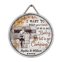 Load image into Gallery viewer, Romance Custom Name Round Wooden Sign Decor Camping Couple Sketch Hold Your Hand Fall Leaves
