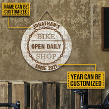 Load image into Gallery viewer, Custom Name And Number Round Wooden Sign Decor Cycling Bike Shop Open Daily
