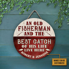 Load image into Gallery viewer, Maroon And White Custom Name Round Wooden Sign Decor Fishing Old Couple Best Catch Live Here
