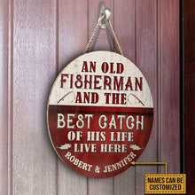 Load image into Gallery viewer, Maroon And White Custom Name Round Wooden Sign Decor Fishing Old Couple Best Catch Live Here
