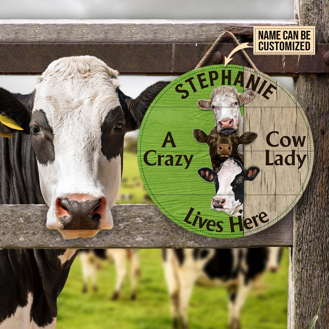 A Carzy Cow Lives Here Custom Name Round Wooden Sign Decor