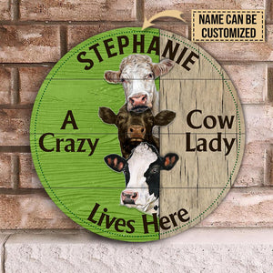 A Carzy Cow Lives Here Custom Name Round Wooden Sign Decor